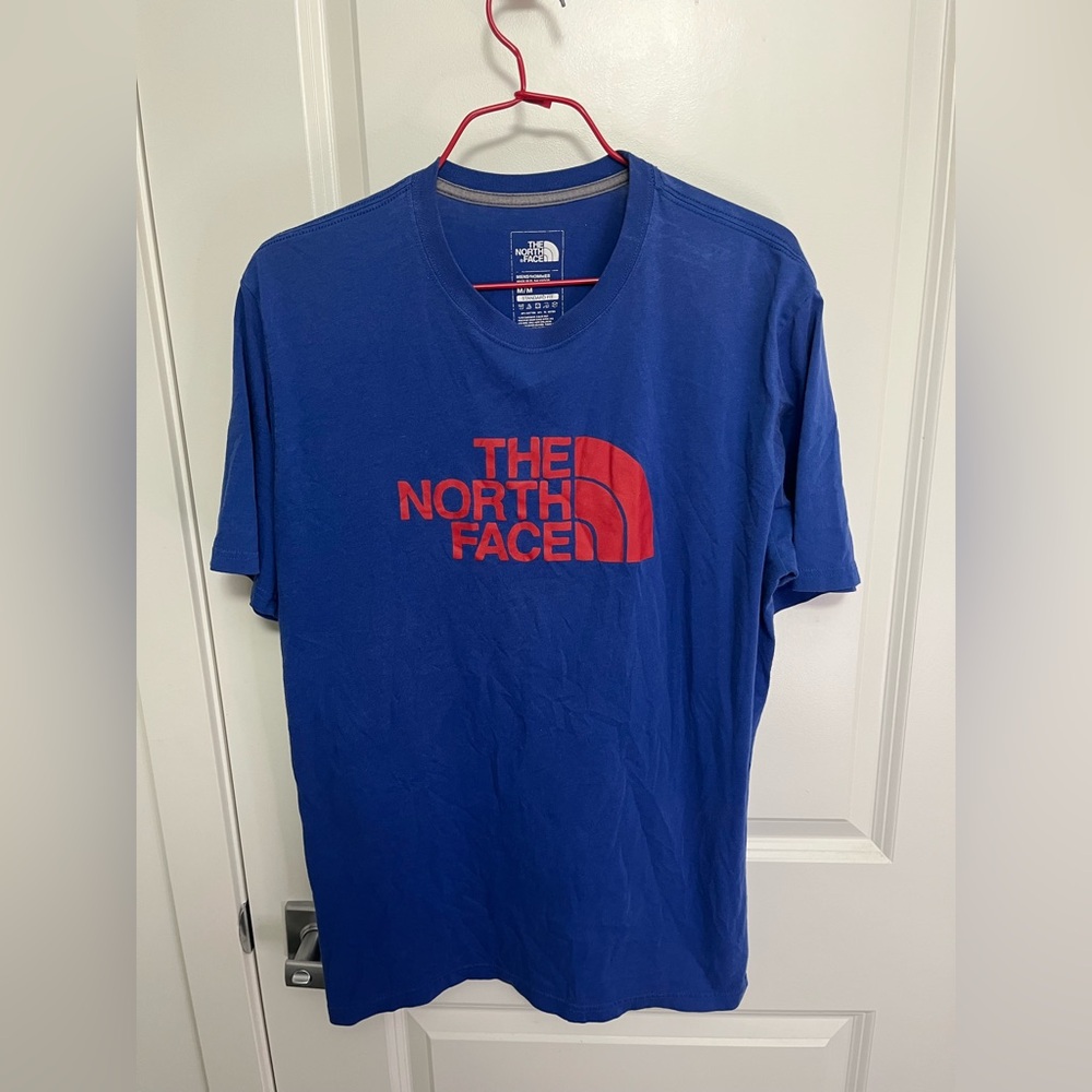 The North Face Men's Vivid Blue Tee with Red Logo in size M